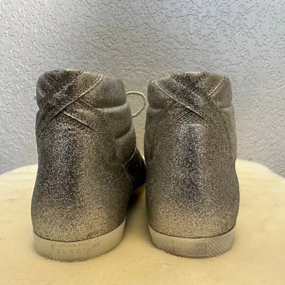 Gucci Sneakers Glitter Web Leather Silver Metallic High Top RARE Gucci 9, US 9.5 - Picture 3 of 10